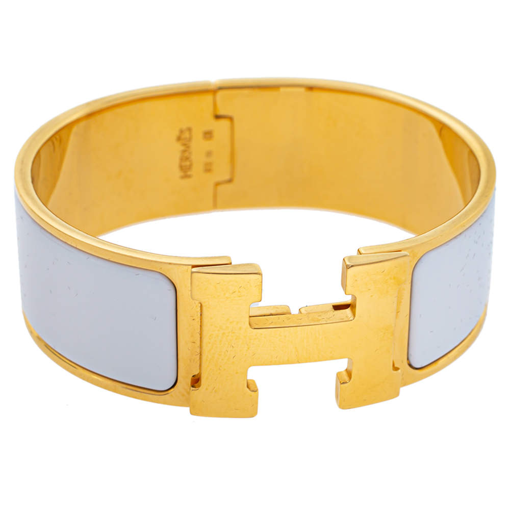 Pre Owned Hermès Clic Clac H White Enamel Gold Plated Wide Bracelet PM
