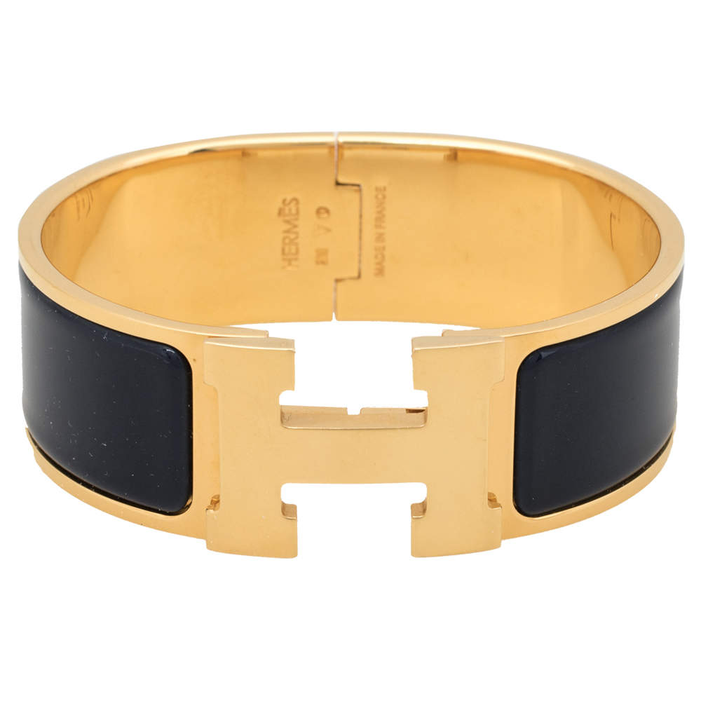 Hermes Clic Clac H Blue Enamel Gold Plated Bracelet PM