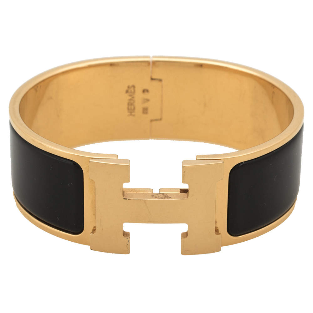 Pre Owned Hermes Clic Clac H Black Enamel Gold Plated Bracelet PM
