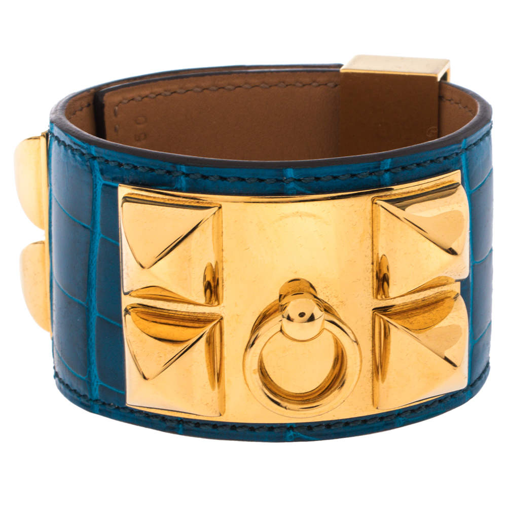 Pre Owned Hermès Blue Alligator Leather Collier de Chien Cuff Bracelet S