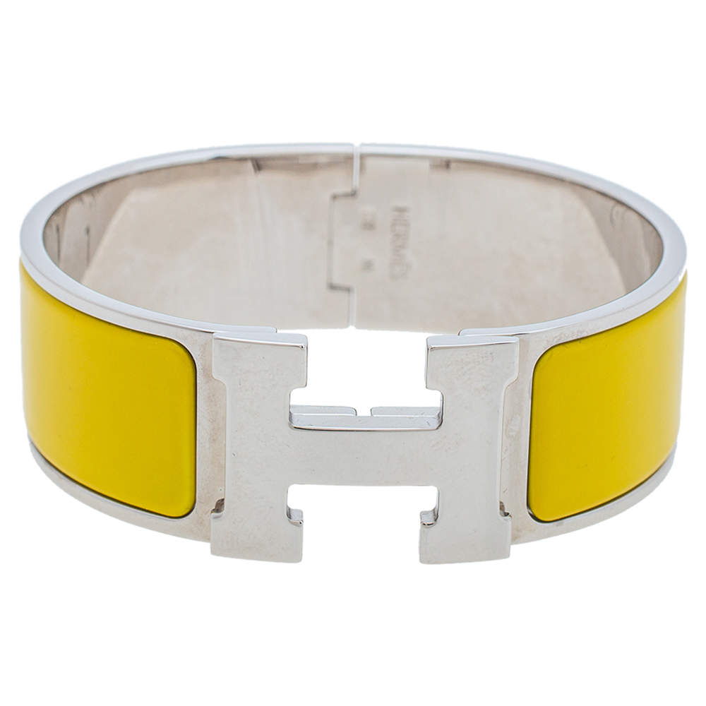 Pre Owned Hermès Clic Clac H Yellow Enamel Palladium Plated Wide Bracelet PM