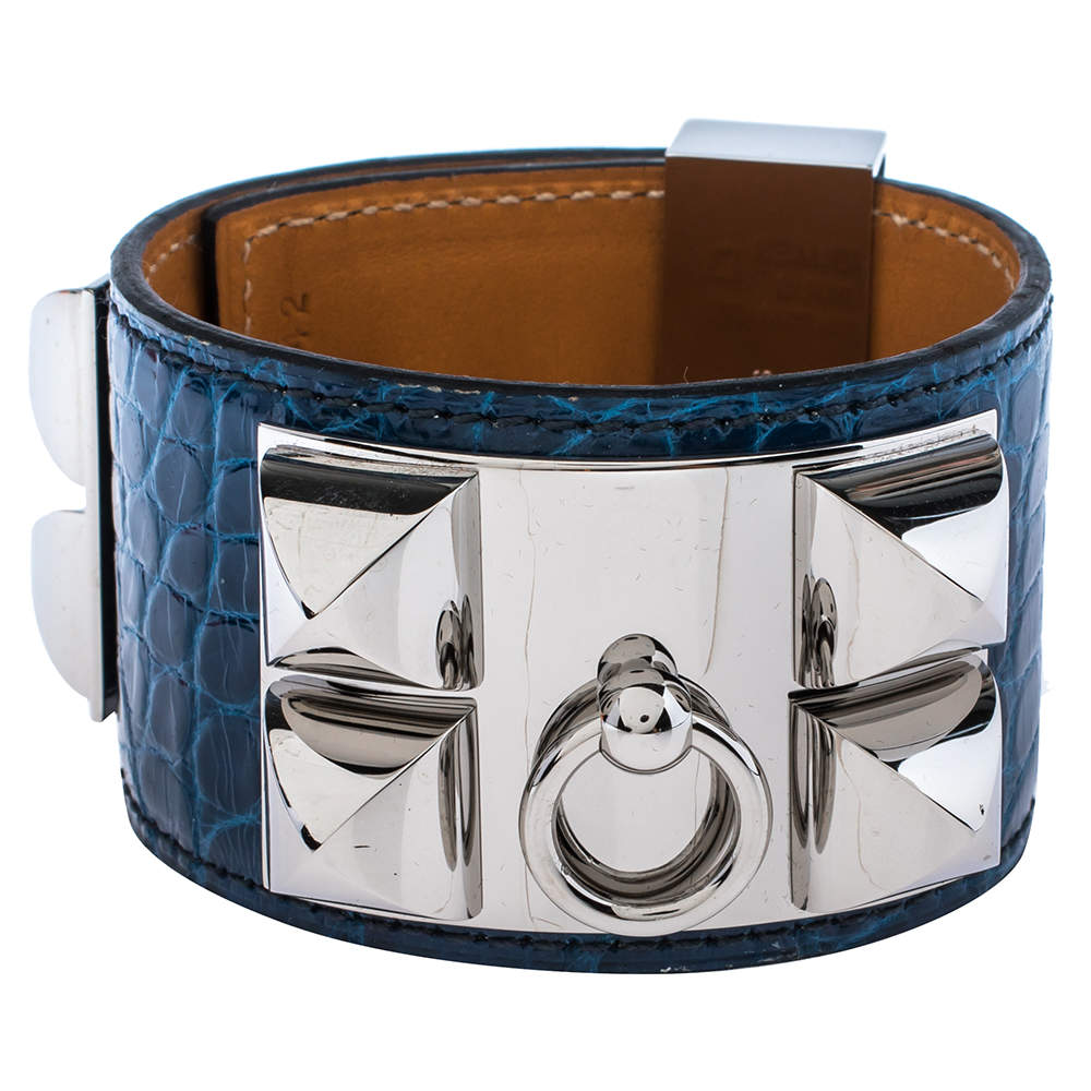 Hermès Blue Alligator Leather Collier de Chien Cuff Bracelet S