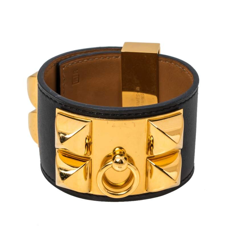 Hermès Black Leather Collier de Chien Cuff Bracelet S
