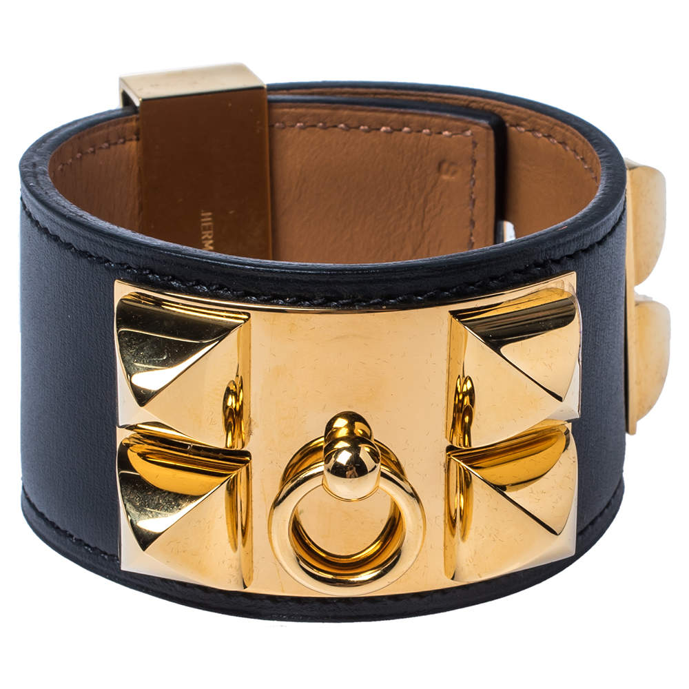 Pre Owned Hermès Black Leather Collier de Chien Cuff Bracelet S
