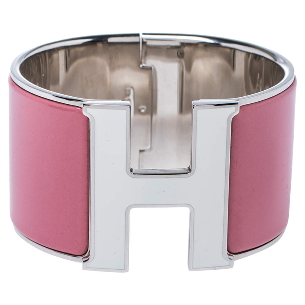 Hermès Clic Clac H White & Rose Velours Enamel Palladium Plated Extra Wide Bracelet PM