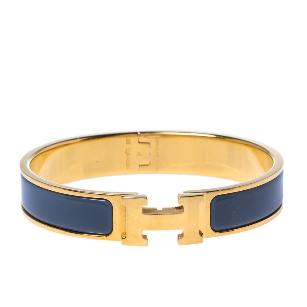 Hermes Clic H Grey Enamel Gold Plated Narrow Bracelet GM
