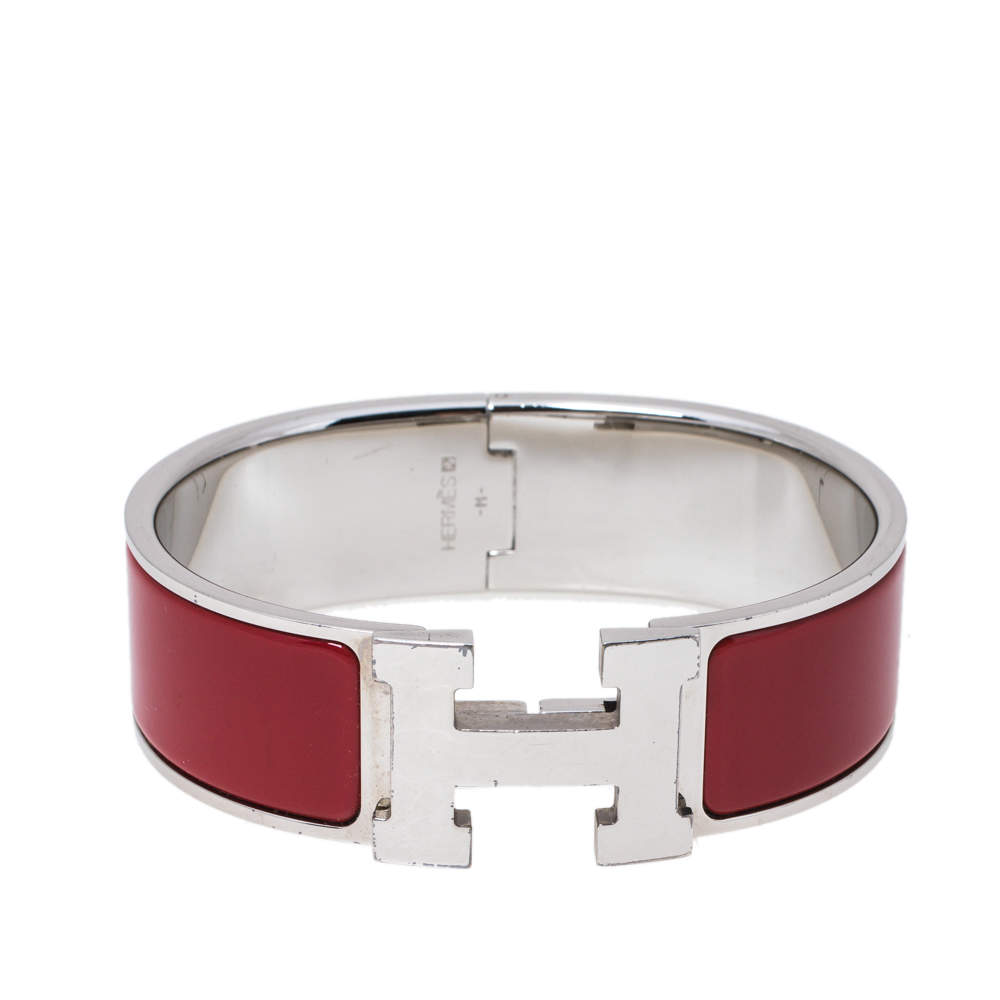 Pre Owned Hermès Clic Clac H Red Enamel Palladium Plated Bracelet GM