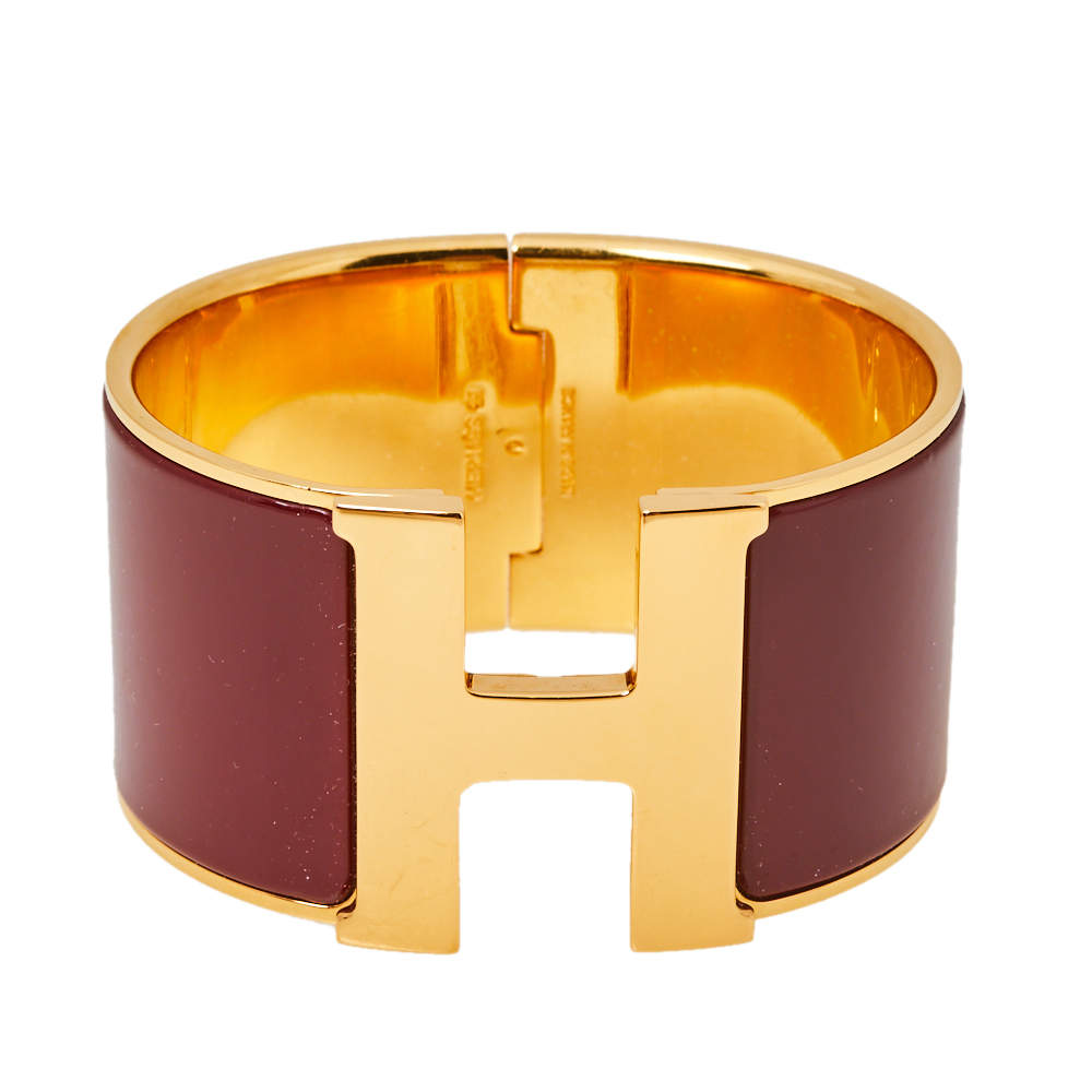 Hermes Clic Clac H Burgundy Enamel Gold Plated Extra Wide Bracelet GM