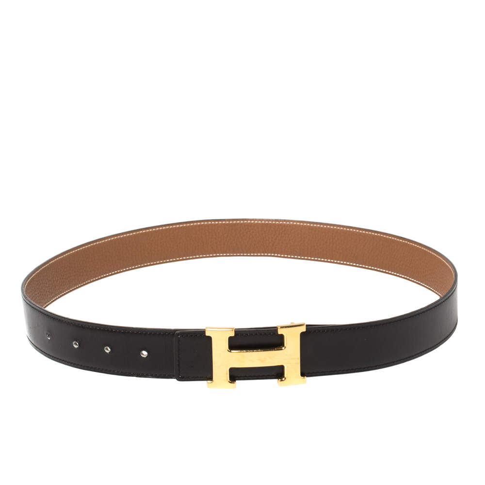 Pre Owned Hermes Noir/Gold Blue Swift and Togo Leather H Buckle Belt Size 85CM