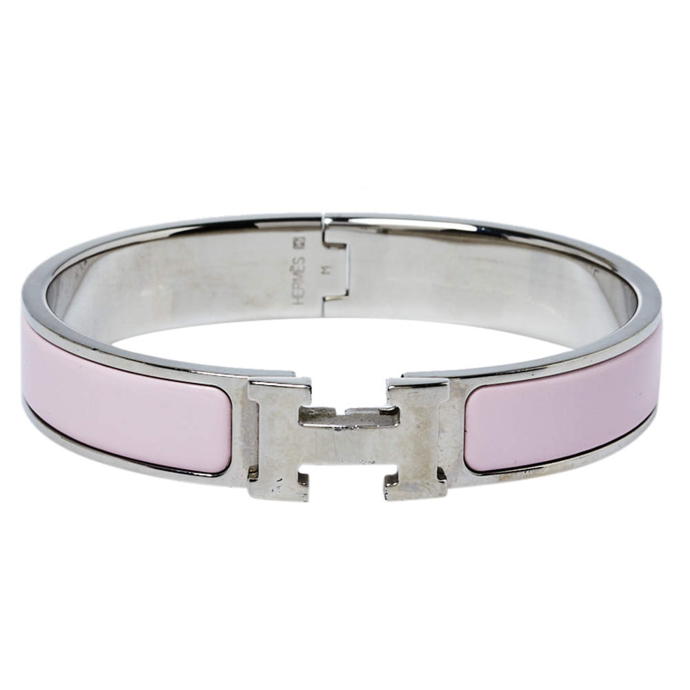 Pre Owned Hermès Clic H Rose Cassata Enamel Palladium Plated Narrow Bracelet PM