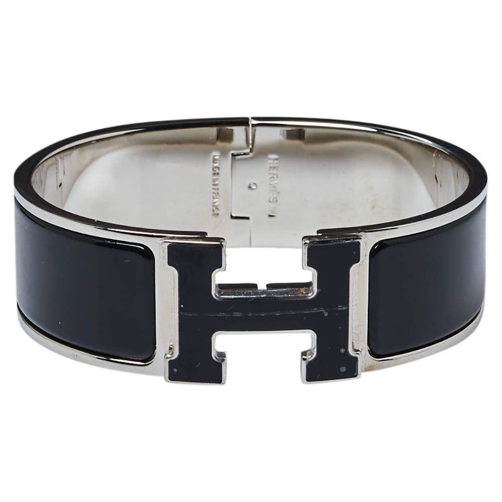 Pre Owned Hermès Clic Clac H Black Enamel Palladium Plated Wide Bracelet GM