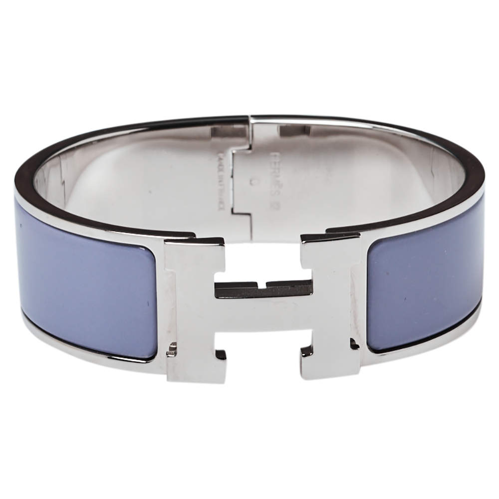Pre Owned Hermès Clic Clac H Grey Enamel Palladium Plated Wide Bracelet GM