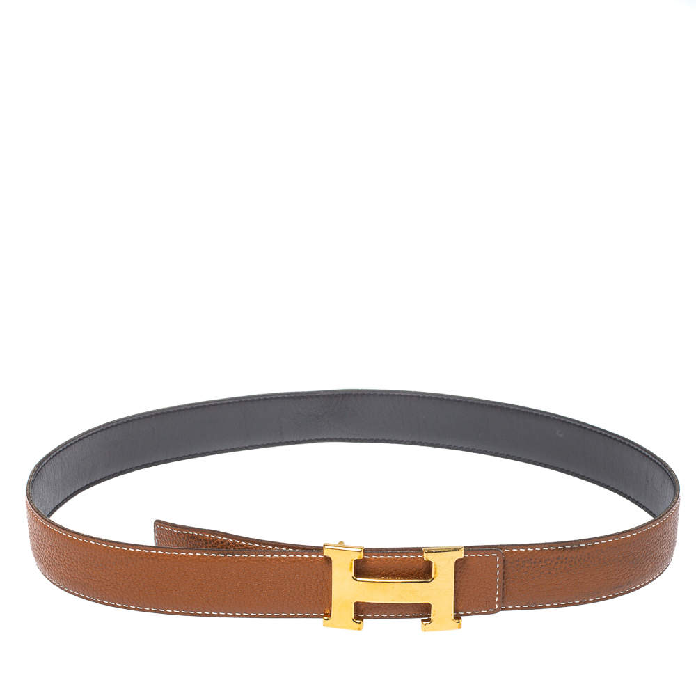 Pre Owned Hermes Gold/Noir Togo and Swift Leather Constance Reversible Belt 85CM