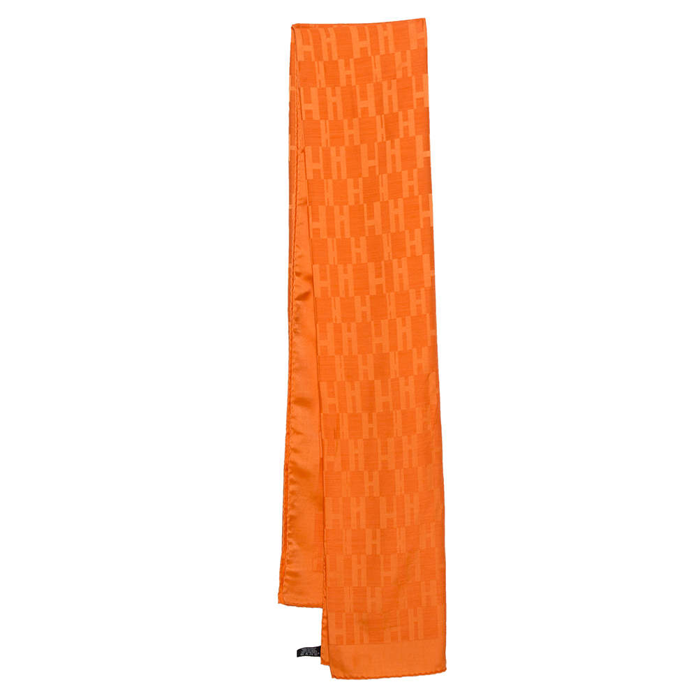 Pre Owned Hermes Orange Grand H Faconnee Jacquard Silk Blend Scarf