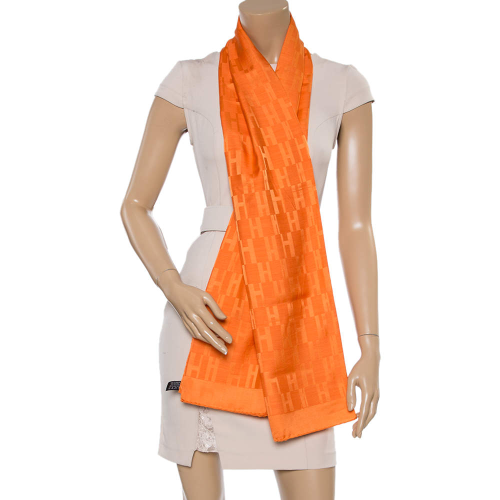 Hermes Silk Wool Faconnee Grand H Scarf Orange