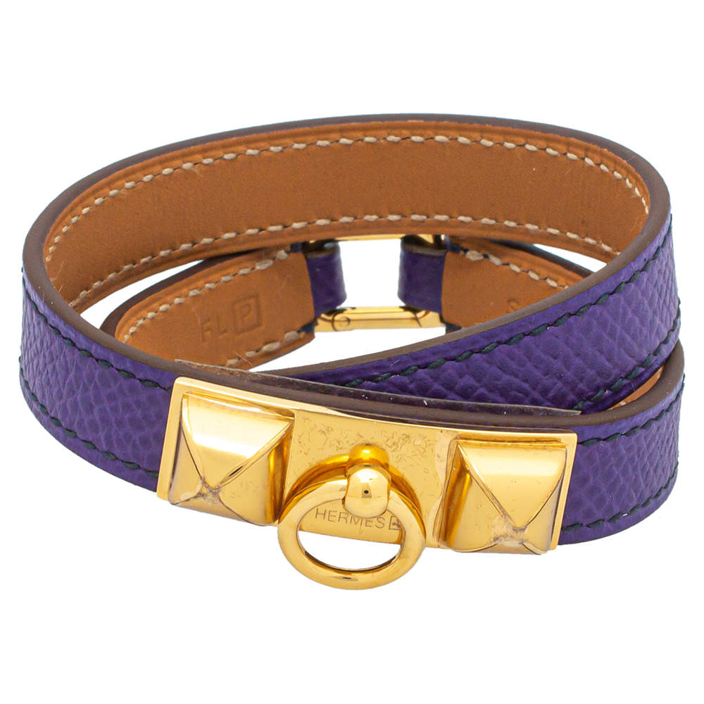 Pre Owned Hermès Purple Leather Gold Plated Rivale Double-Tour Bracelet S