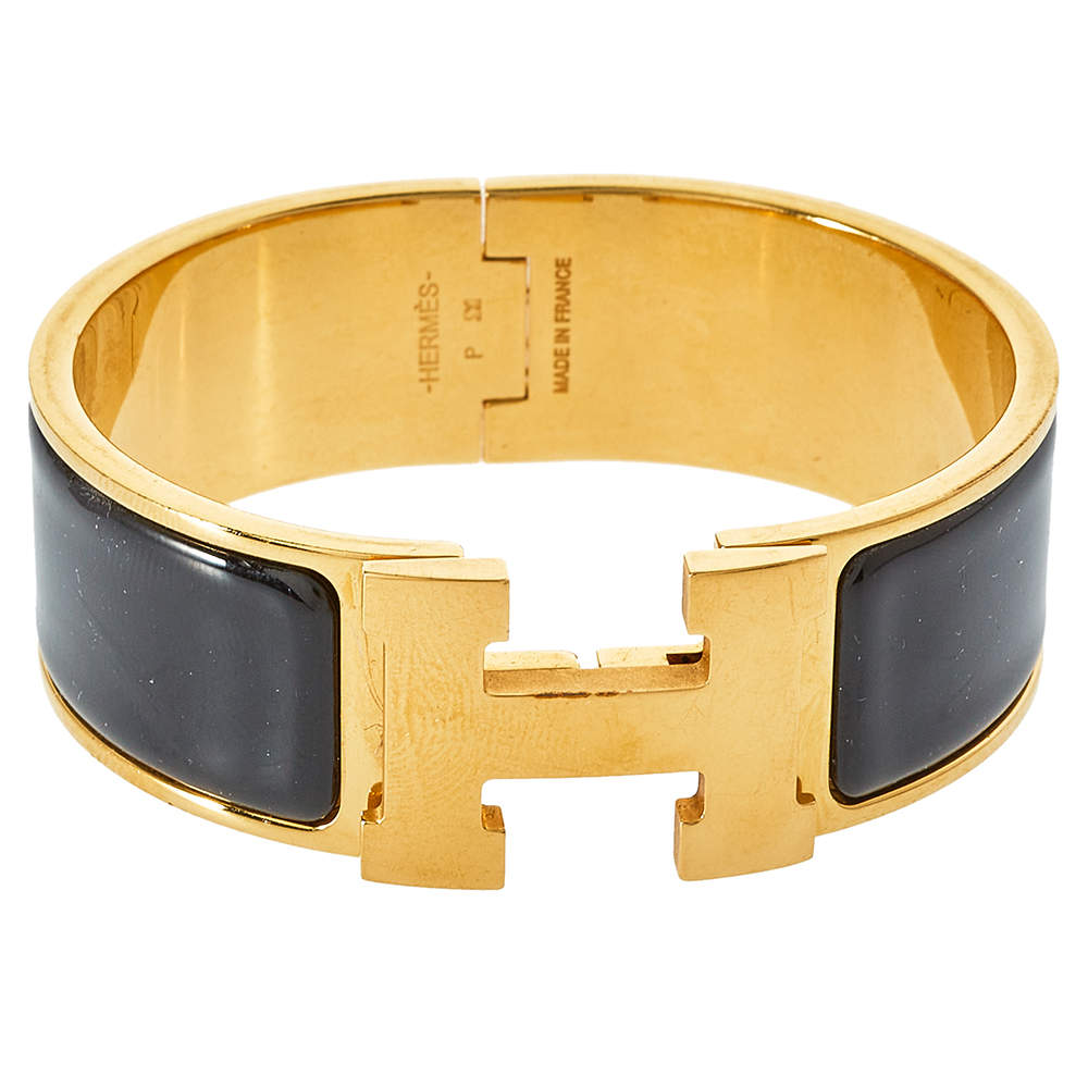 Pre Owned Hermes Clic Clac H Black Enamel Gold Plated Wide Bracelet PM