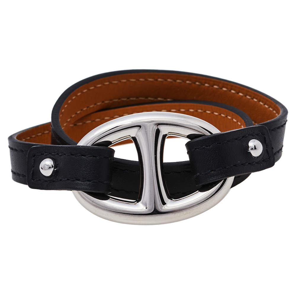Pre Owned Hermès Black Swift Leather Granville Double Tour Bracelet S