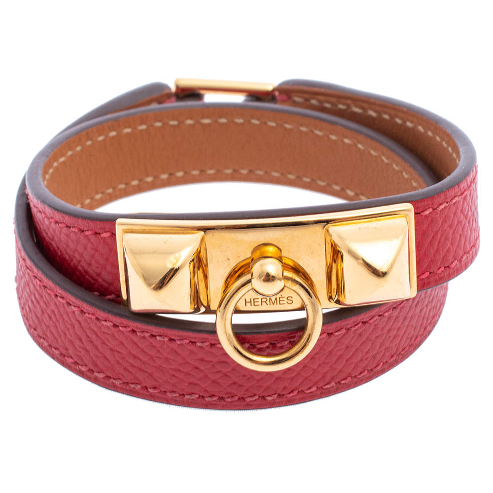 Pre Owned Hermès Red Leather Rivale Double Tour Bracelet S