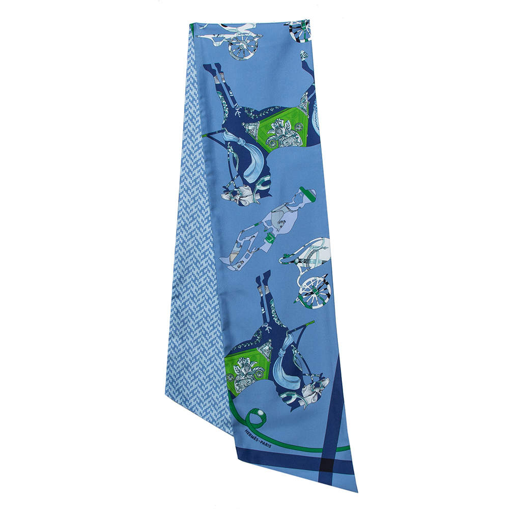 Pre Owned Hermes Blue Tout en Carre Chevron Silk Maxi Twilly Cut Scarf