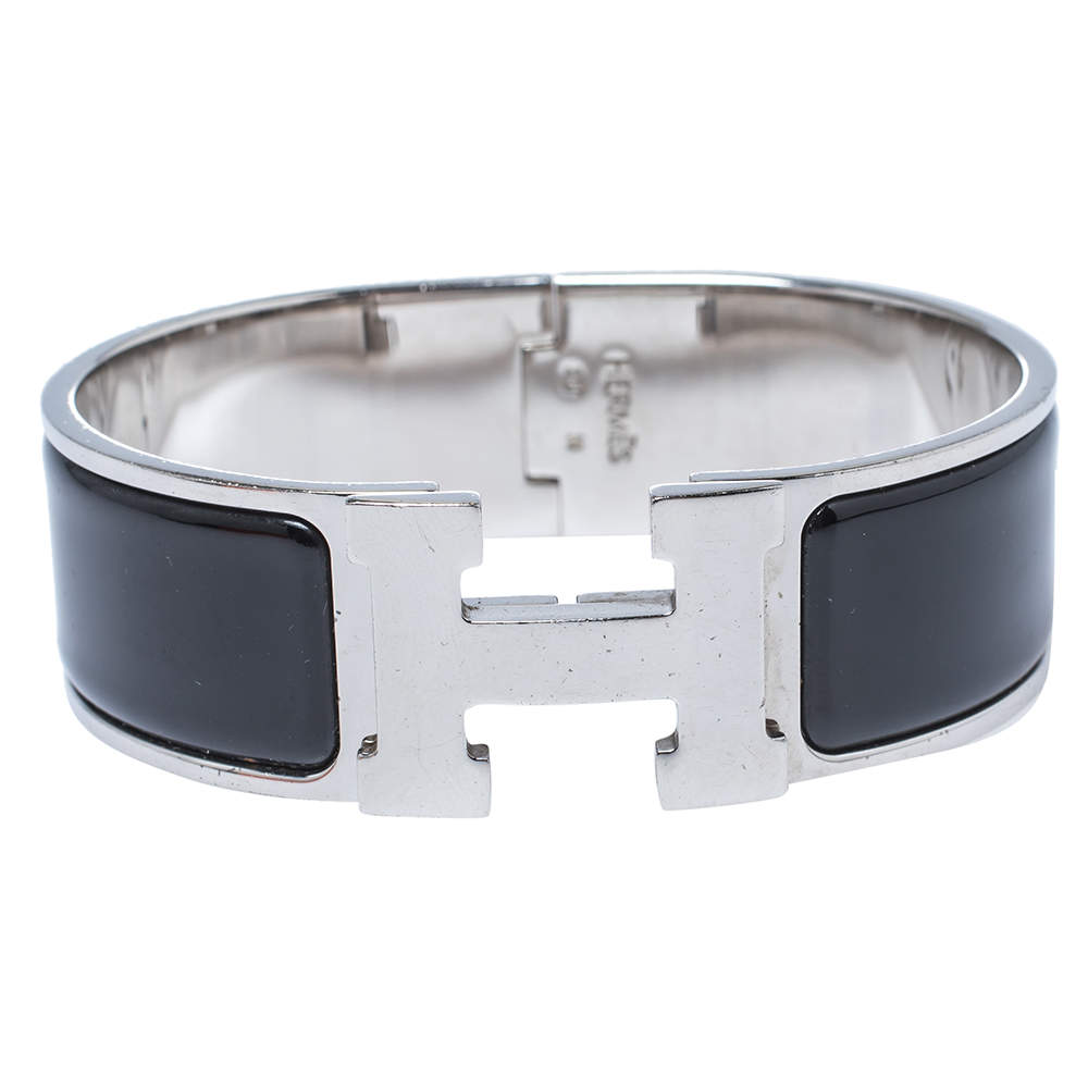 مملوكة مسبقًا Hermès Clic Clac H Black Enamel Palladium Plated Wide Bracelet GM