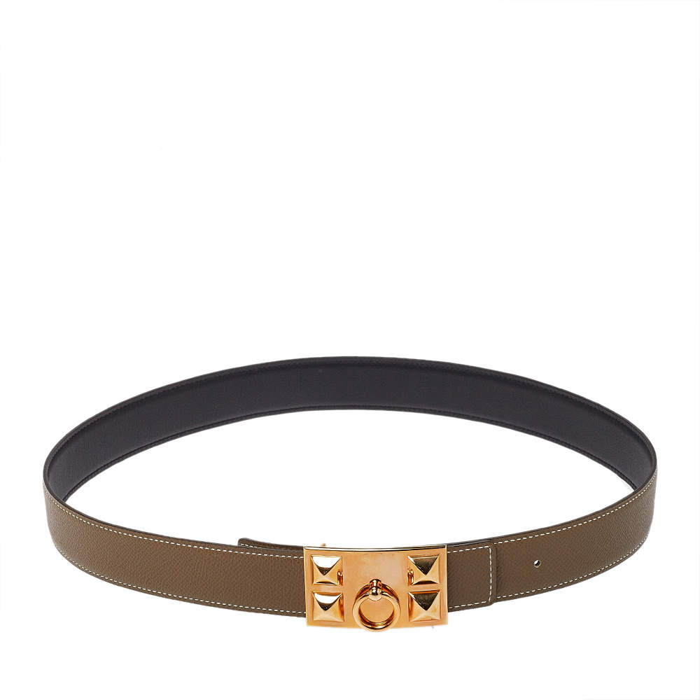 Pre Owned Hermes Etoupe/Noir Epsom and Swift Leather Collier De Chien Reversible Belt 80 CM