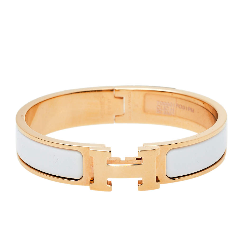 Hermes Narrow Clic H Bracelet (Blanc/Yellow Gold Plated) - PM