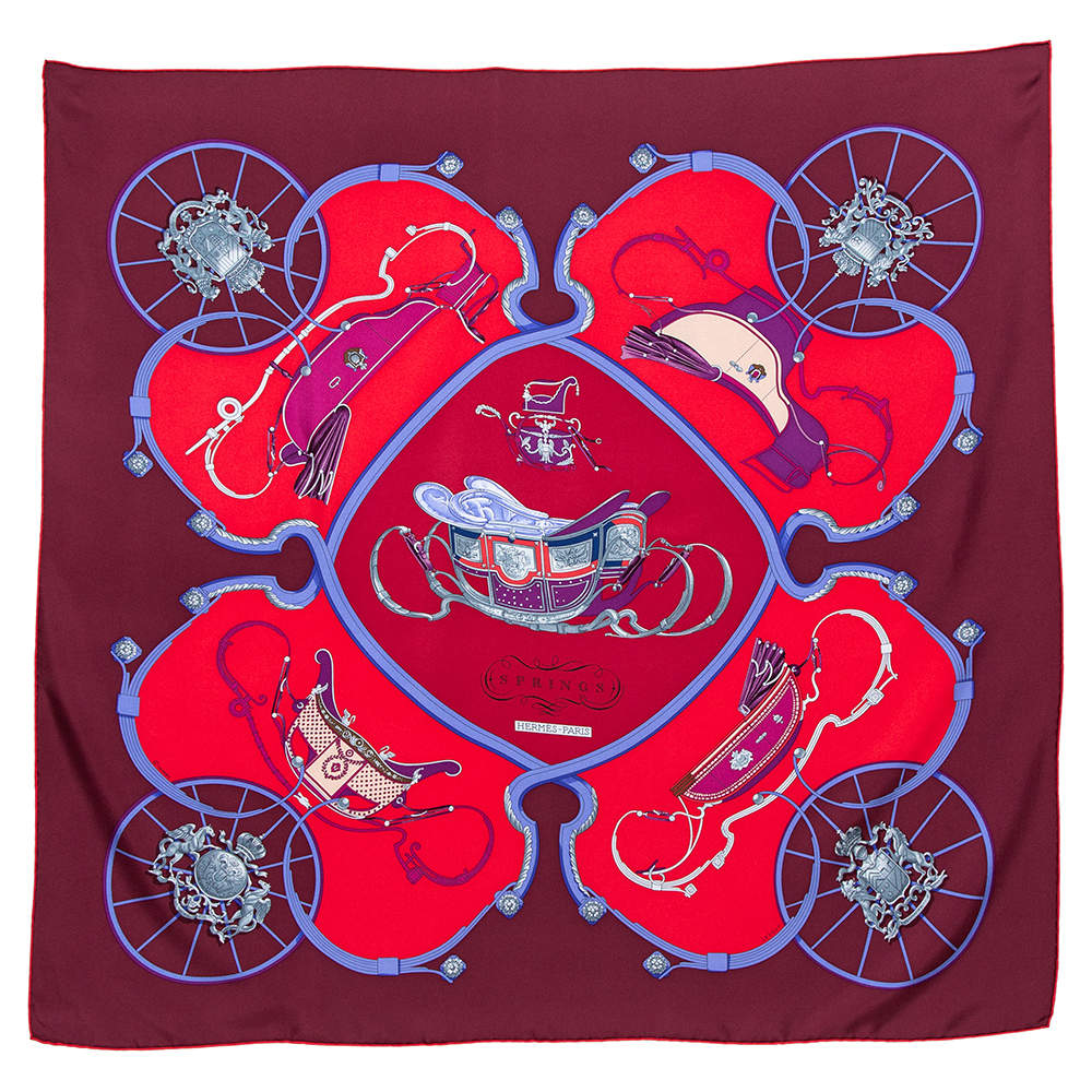 Pre Owned Hermes Red & Maroon Springs Silk Square Scarf