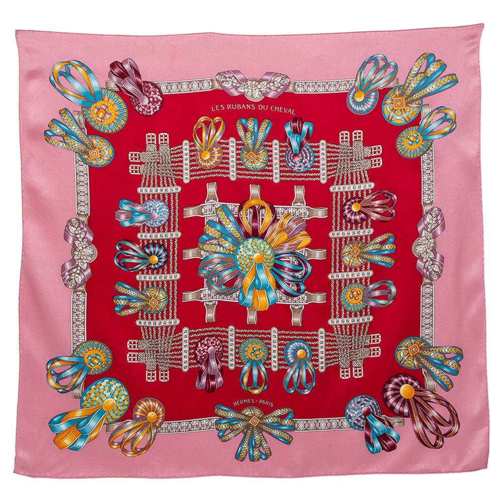 Pre Owned Hermes Pink Les Rubans Du Cheval Silk Scarf