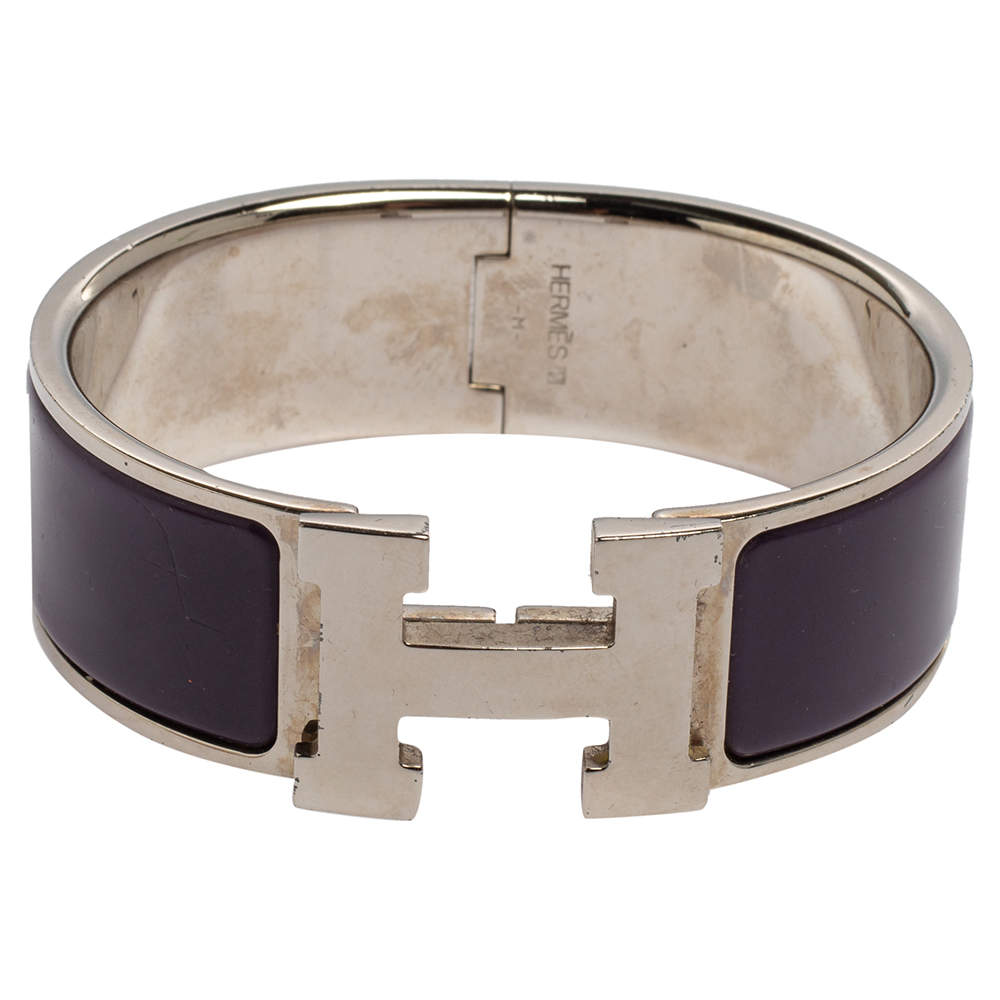 Pre Owned Hermès Clic Clac H Purple Enamel Palladium Plated Wide Bracelet PM