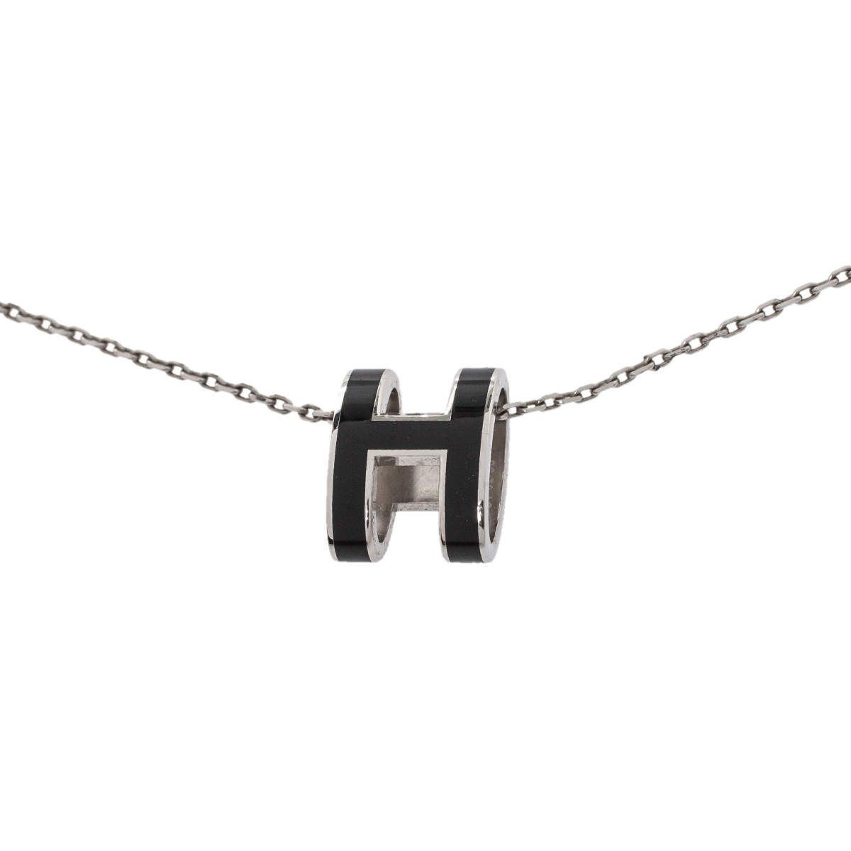 Pre Owned Hermès Black Lacquer Palladium Plated Pop H Pendant Necklace