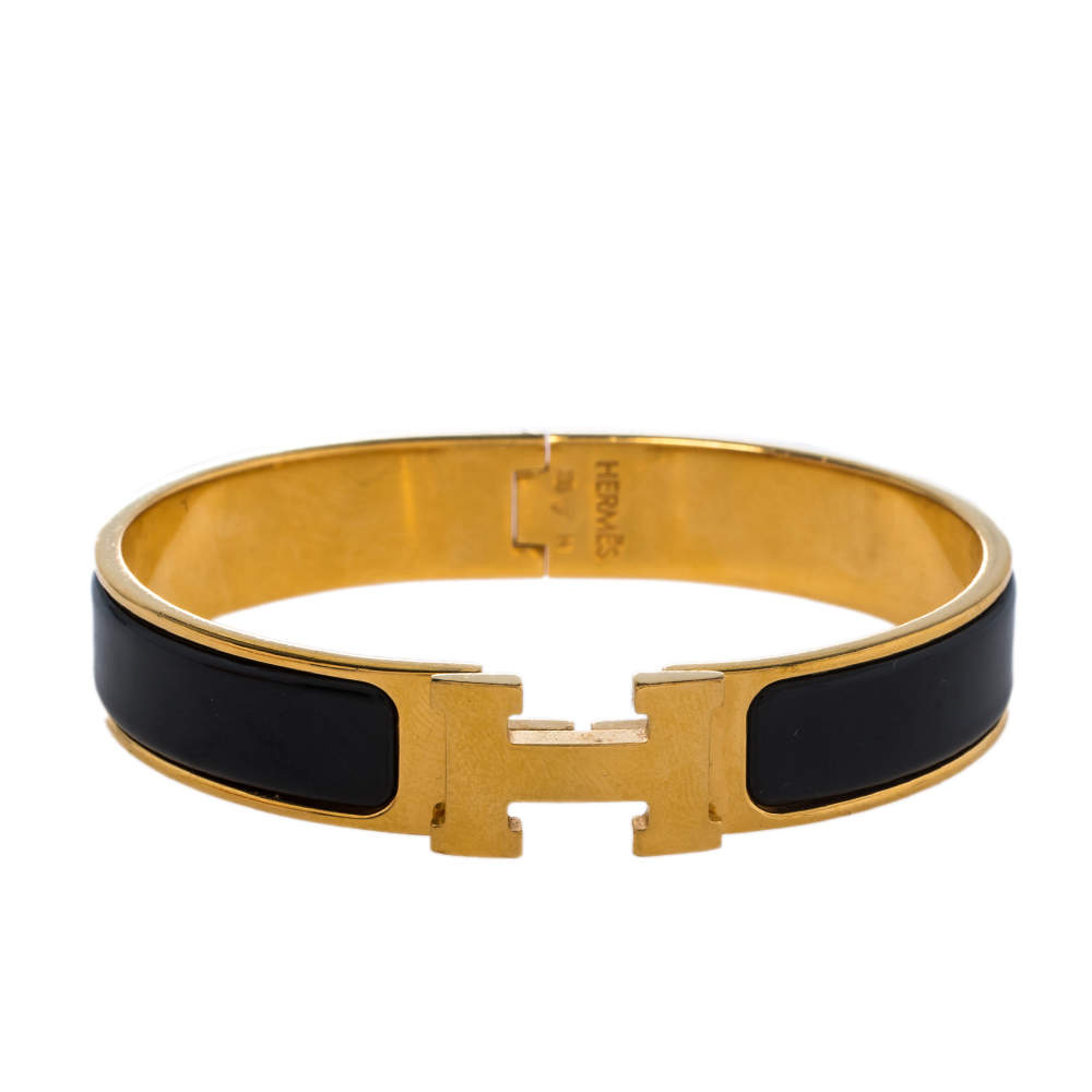 Pre Owned Hermès Clic H Black Enamel Gold Plated Narrow Bracelet PM