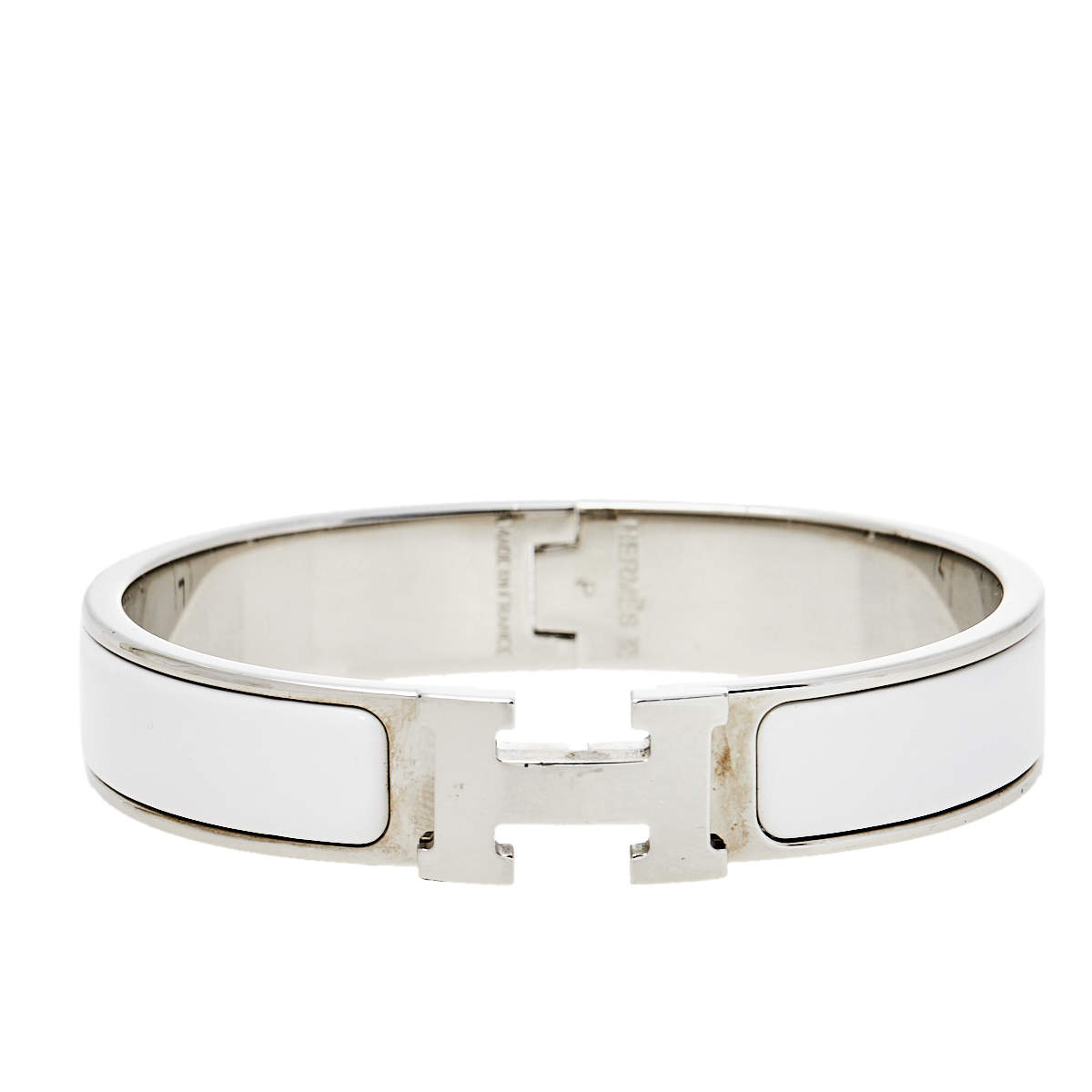 Pre Owned Hermès Clic H White Enamel Palladium Plated Narrow Bracelet PM