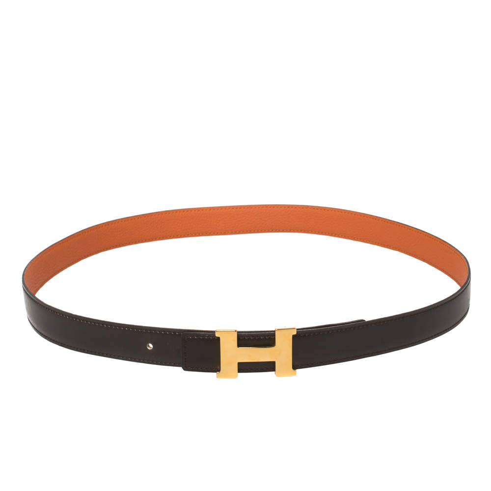 Pre Owned Hermes Cacao/Orange Box Calf and Togo Leather Mini Constance Reversible Belt 90CM