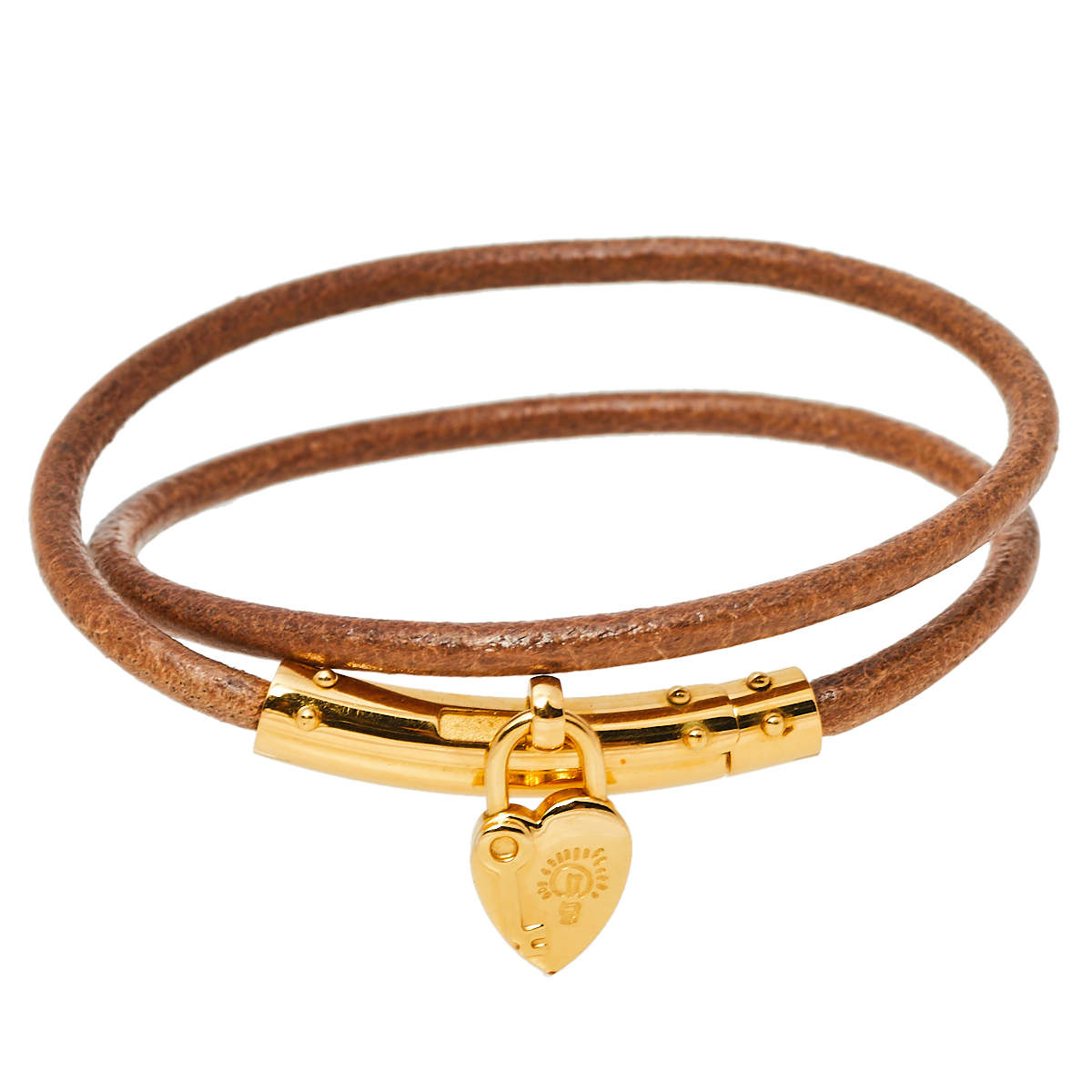 Pre Owned Hermes Cadena Heart Charm Leather Double Tour Bracelet