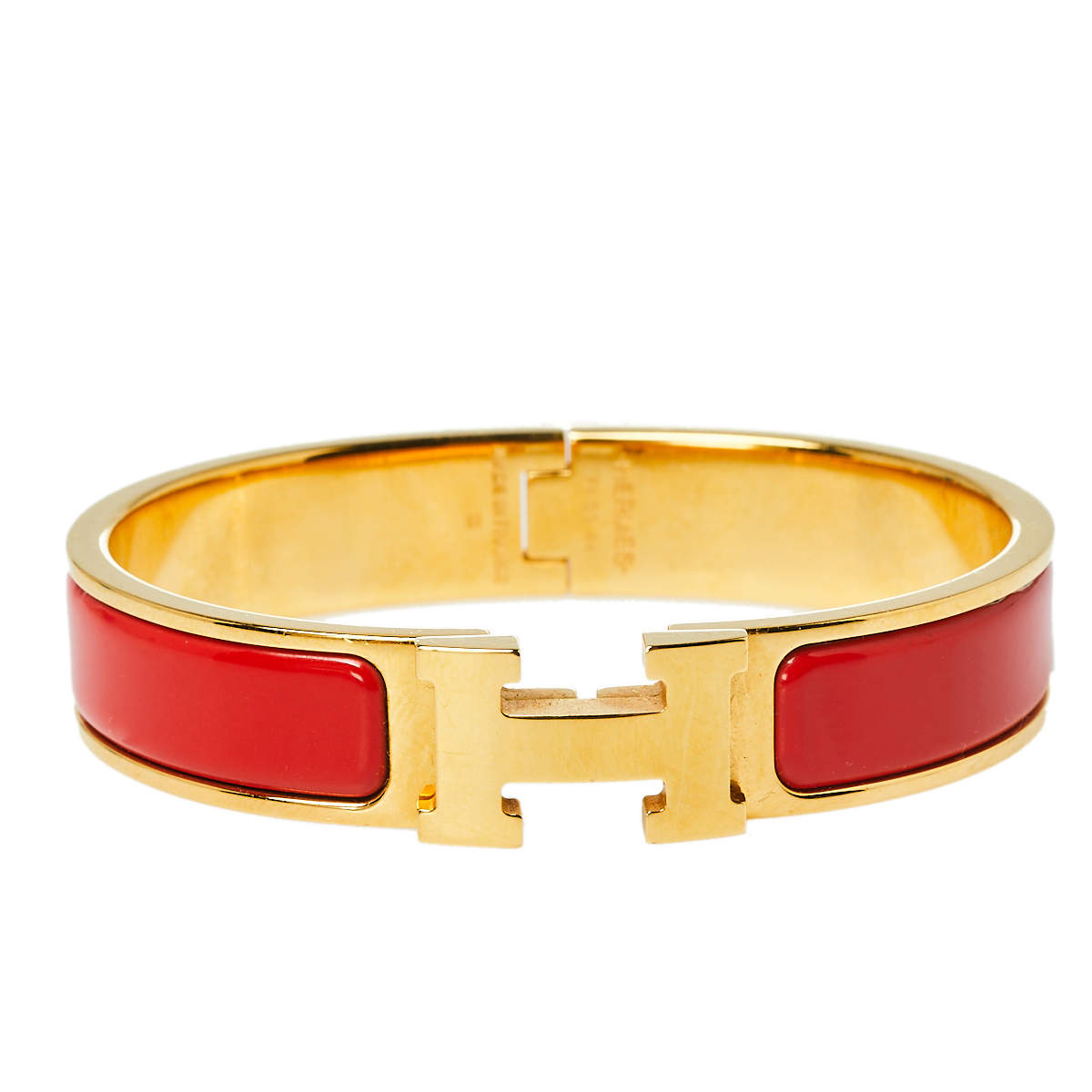 Pre Owned Hermès Clic H Red Enamel Gold Plated Narrow Bracelet PM 