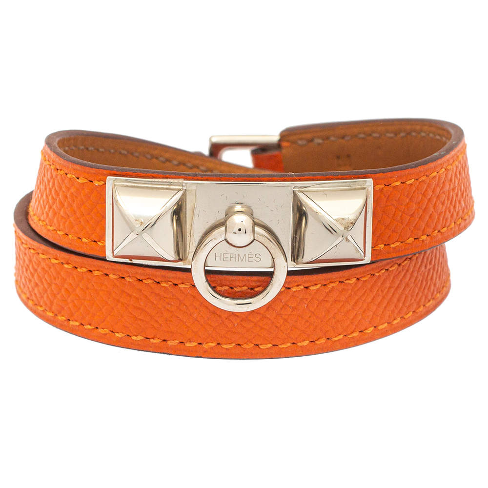 Pre Owned Hermès Orange Leather Palladium Plated Rivale Double Tour Bracelet M