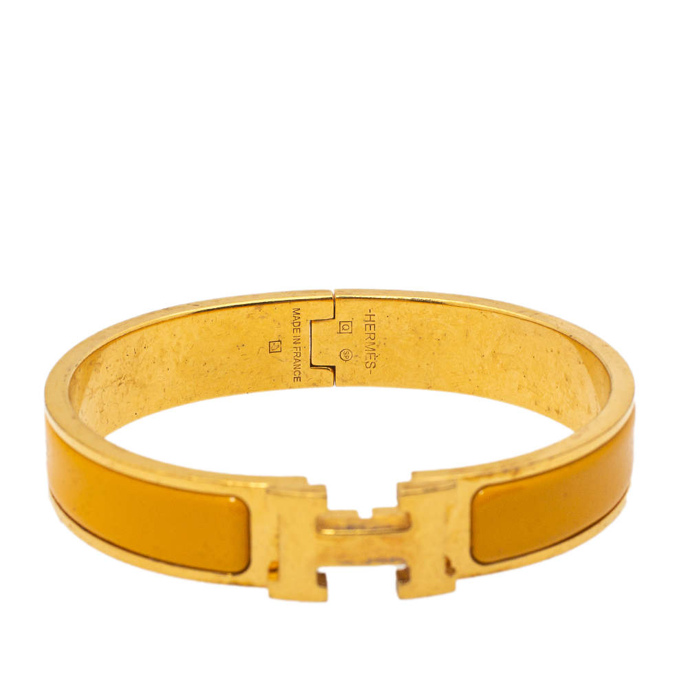 Pre Owned Hermès Clic H Yellow Enamel Gold Plated Narrow Bracelet PM