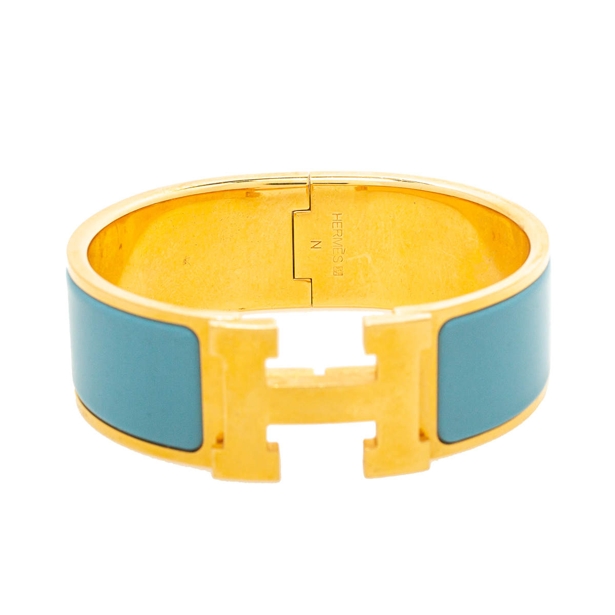 Pre Owned Hermès Clic Clac H Blue Enamel Gold Plated Wide Bracelet PM