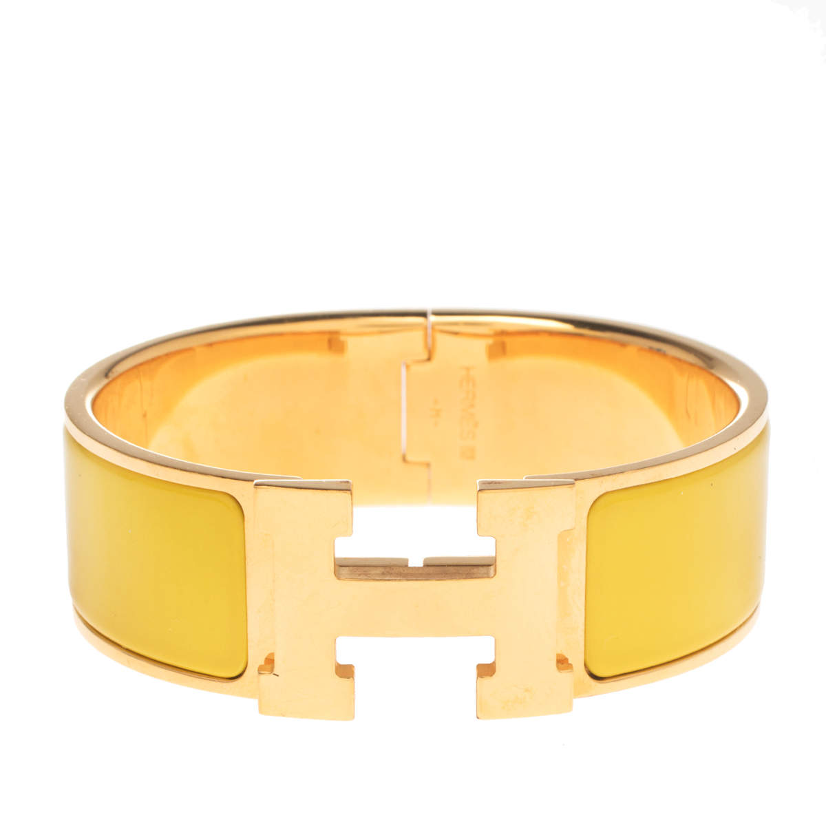 Pre Owned Hermès Clic Clac H Yellow Enamel Gold Plated Wide Bracelet PM