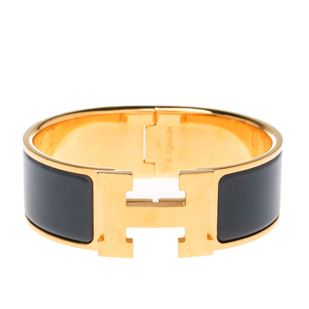 Pre Owned Hermes Clic Clac H Grey Enamel Gold Plated Wide Bracelet PM