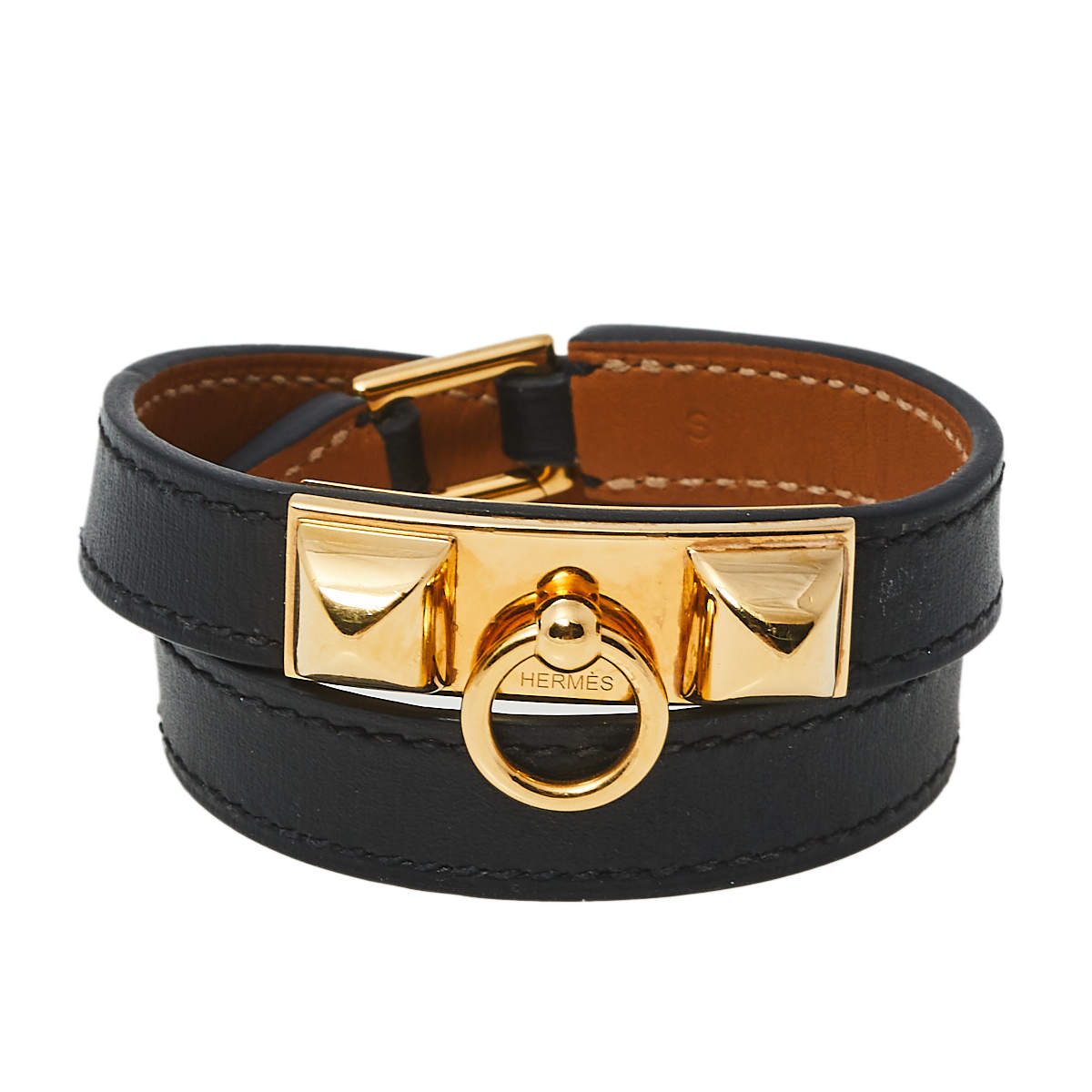 Pre Owned Hermès Black Leather Rivale Double Tour Bracelet S