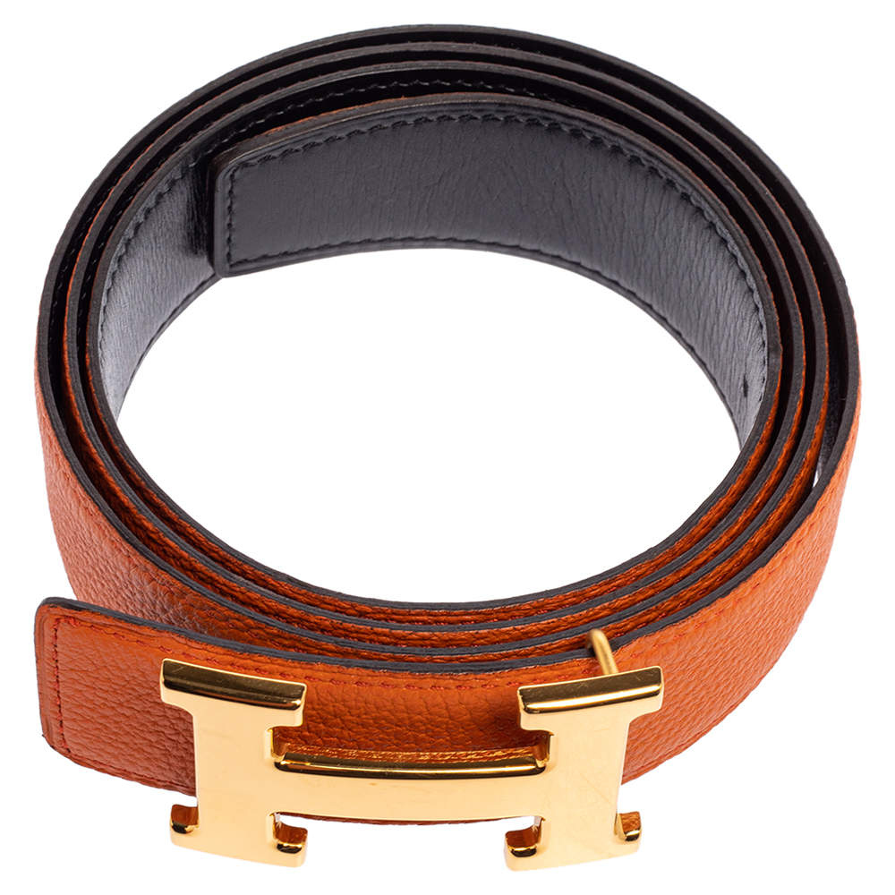 Hermes [174] 2001 Noir/Orange Reversible Epsom/Togo Leather Strap Belt 32 mm Box! - poupishop
