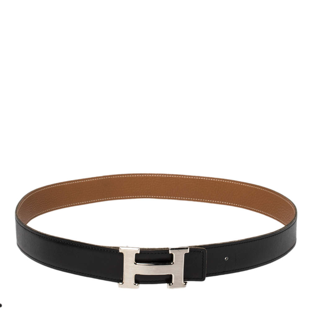 Pre Owned Hermes Noir/Gold Chamonix and Togo Leather Constance Reversible Belt 85 CM