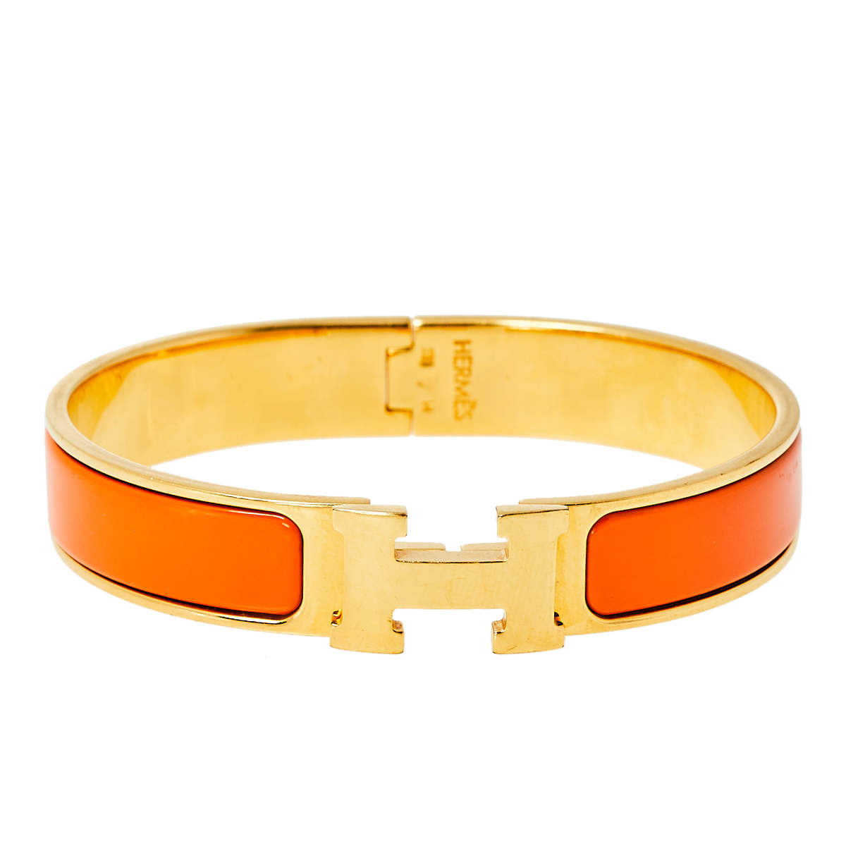 Pre Owned Hermès Clic H Orange Enamel Gold Plated Narrow Bracelet PM