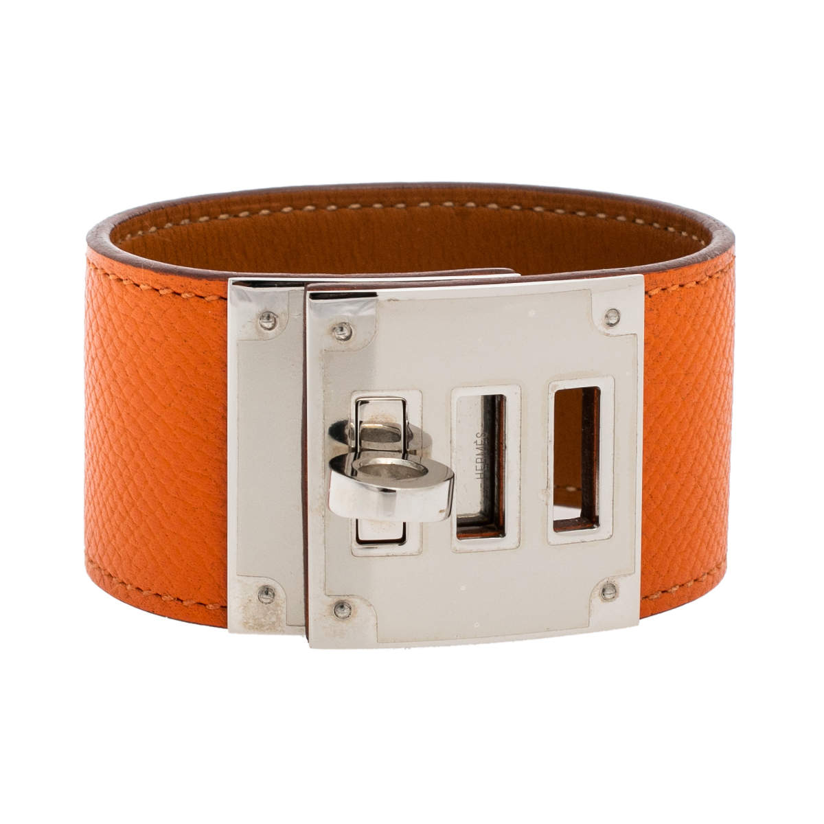 Pre Owned Hermes Kelly Dog Orange Epsom Leather Palladium Plated Wide Bracelet