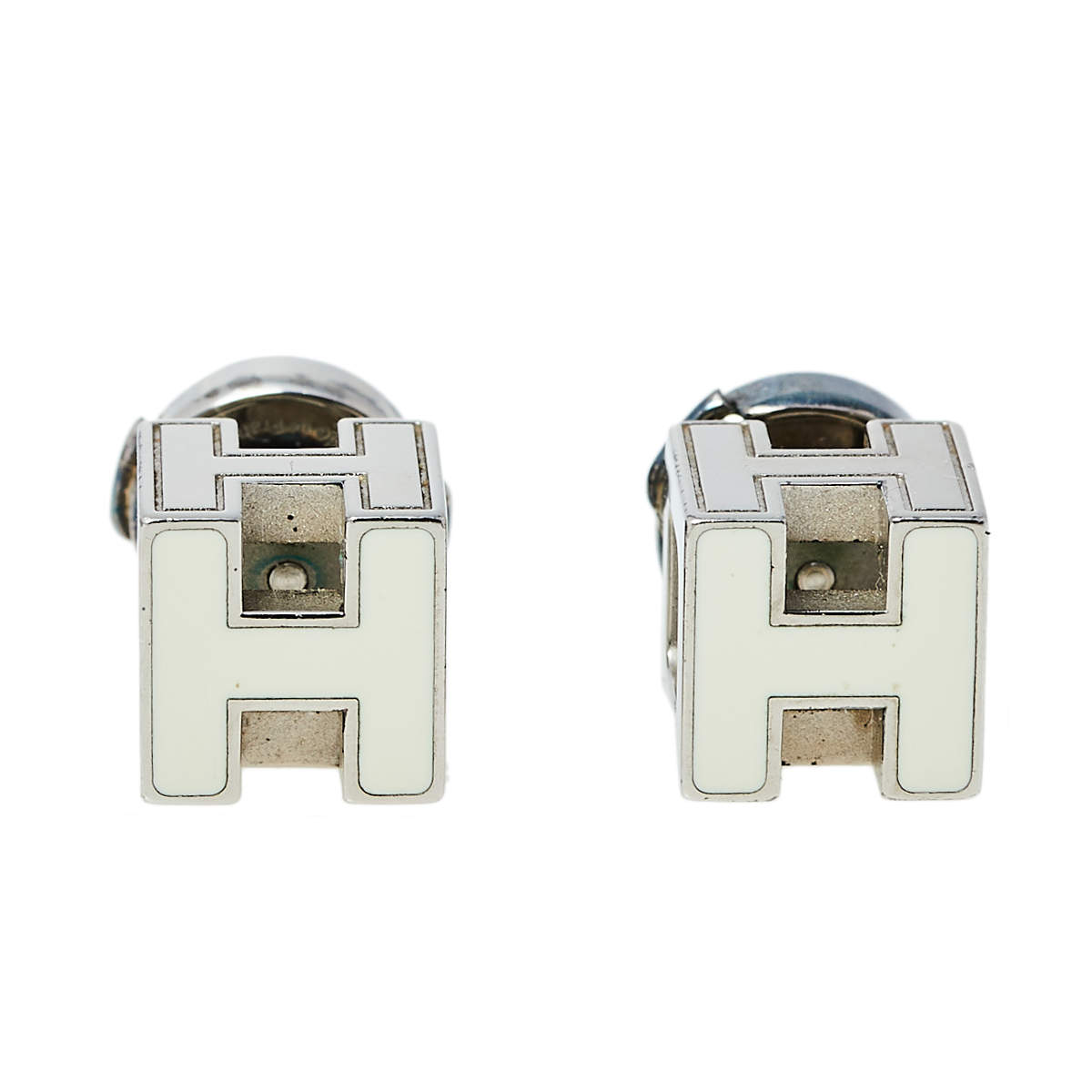 Pre Owned Hermes Cage d'H White Lacquer Palladium Plated Earrings
