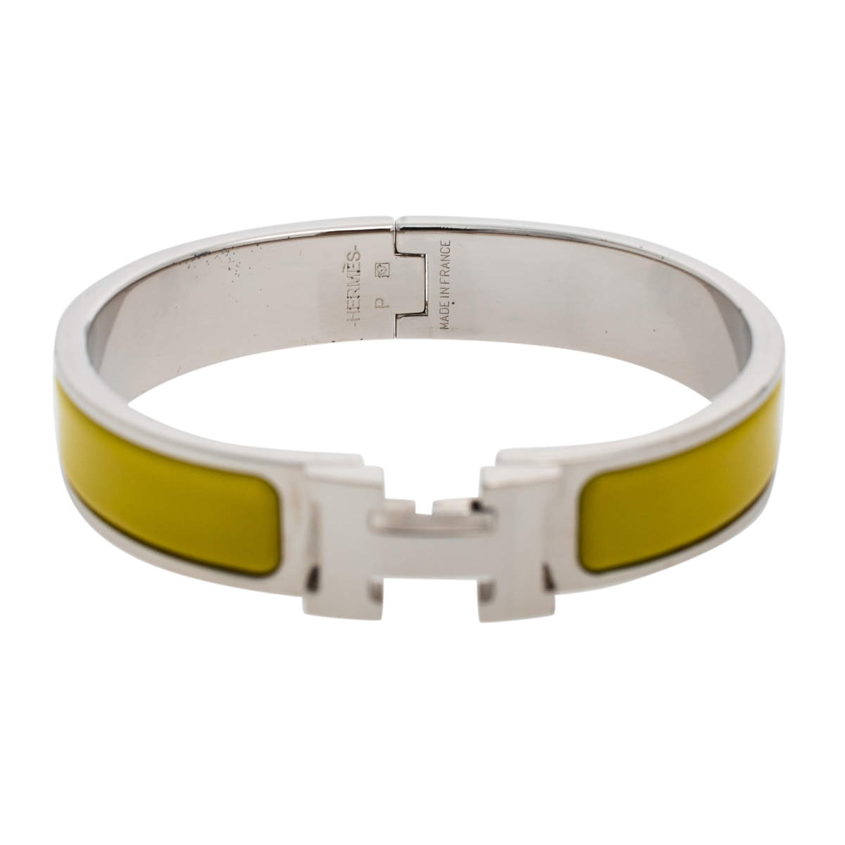 Pre Owned Hermès Clic H Lime Yellow Enamel Palladium Plated Narrow Bracelet PM
