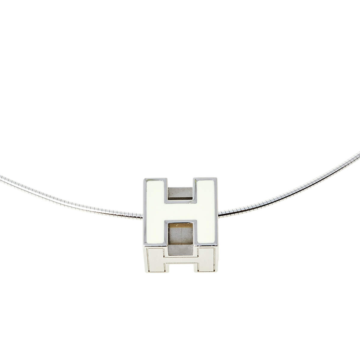 Hermes Cage d'H White Lacquer Palladium Plated Pendant Necklace
