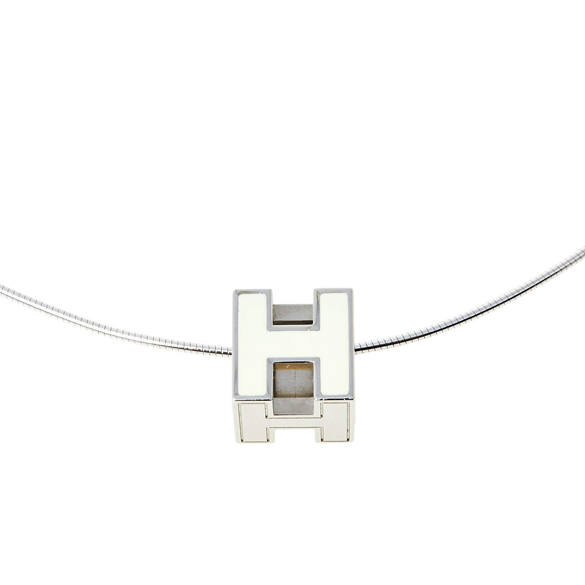Pre Owned Hermes Cage d'H White Lacquer Palladium Plated Pendant Necklace